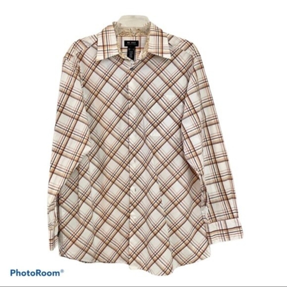 Axcess Cream Plaid Button Up Dress Shirt Size L
